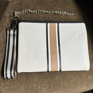NWOT Haute Shore Beth Clutch Deluxe Bag White Tan and Black Stripe Neoprene